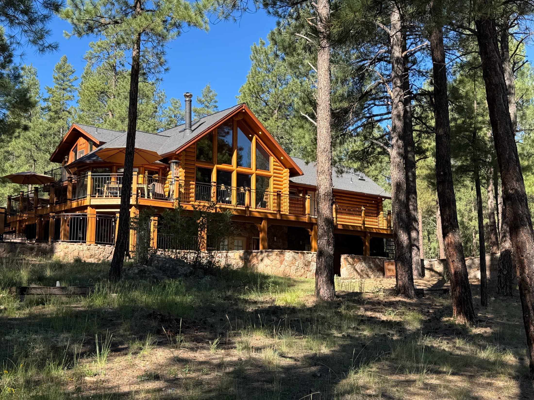Exterior of the log cabin lodge among the pines