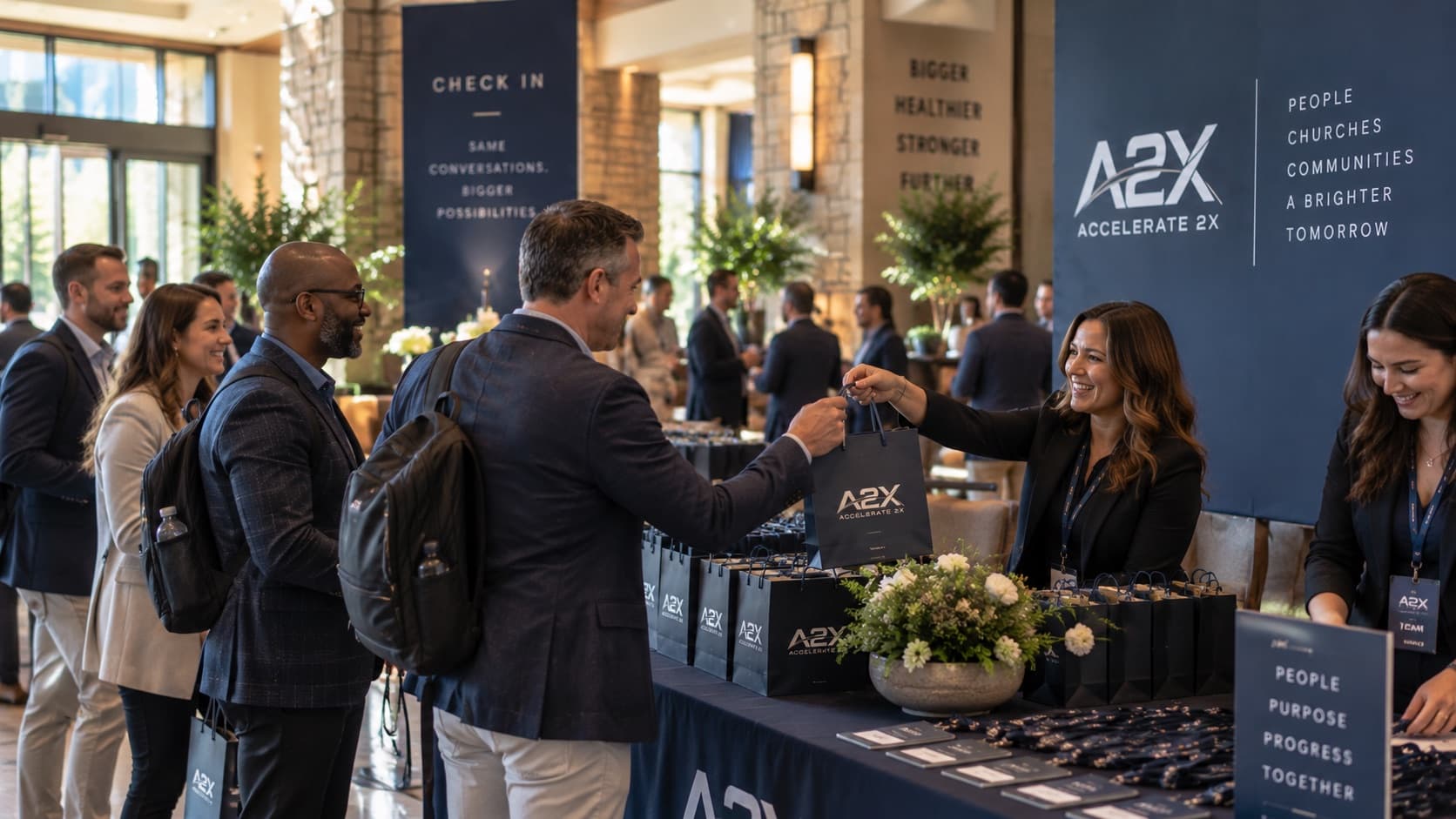 Executive leaders being welcomed and checked in at the A2X Executive Summit