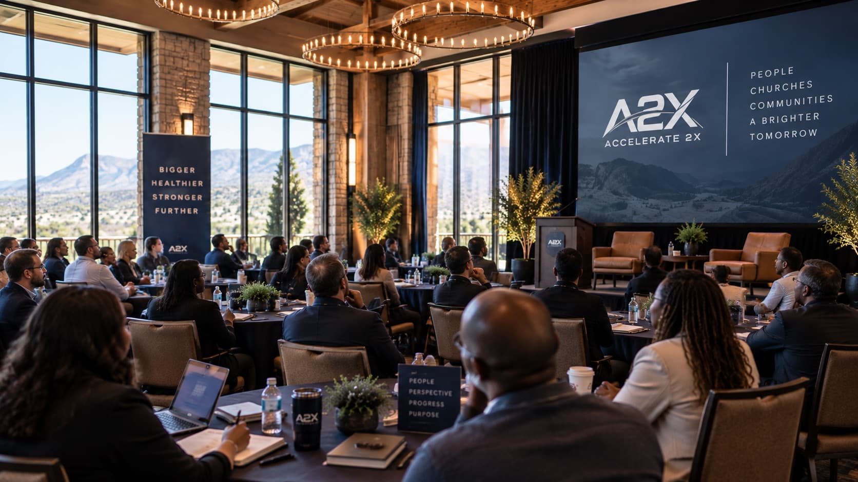 Executive leaders gathered for an A2X session in a mountain-view venue